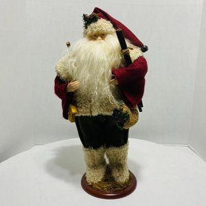 Old World Santa Christmas Tree Birdhouse Red Green Fur Trim Santa Wood Base 17"